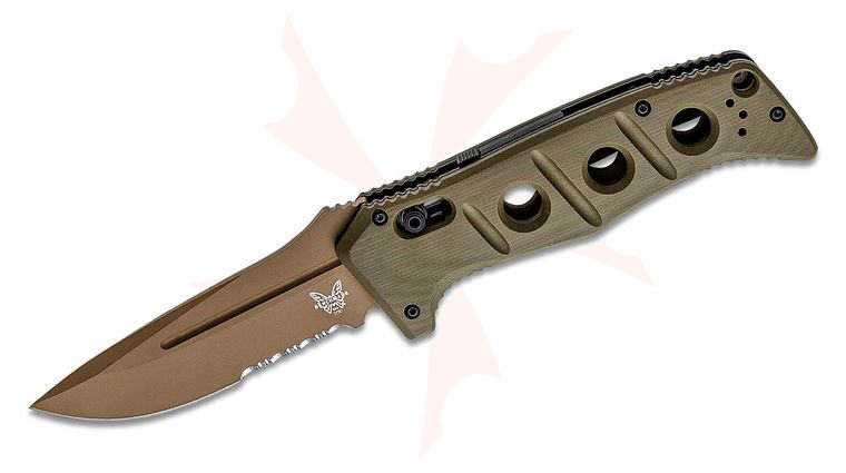 Benchmade 2750SFE-2 Shane Sibert AUTO Adamas Folding Knife 3.78 inch CruWear Flat Dark Earth Combo Blade, OD Green G10 Handles, Ballistic Nylon Sheath