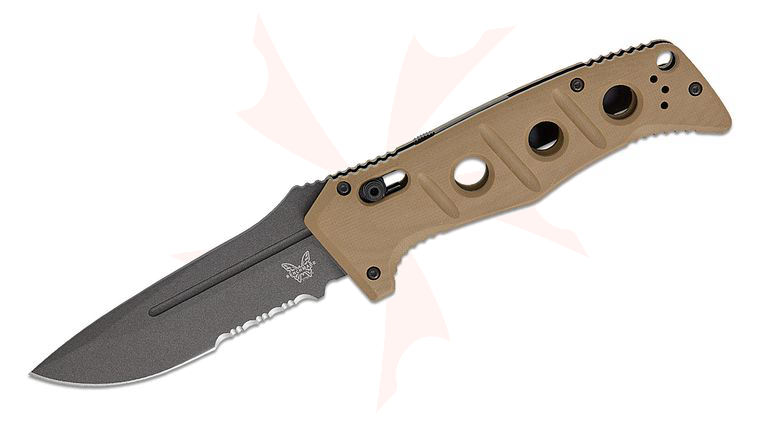 Benchmade 2750SGY-05 Shane Sibert AUTO Adamas Folding Knife 3.78 inch MagnaCut Tungsten Gray Combo Drop Point Blade, Desert Tan G10 Handles, Ballistic Nylon Sheath