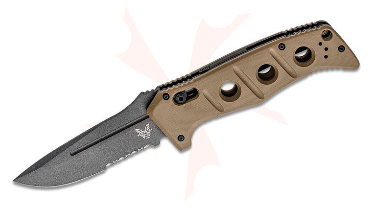 Benchmade 2750SGY-3 Shane Sibert AUTO Adamas Folding Knife 3.78 inch CruWear Tungsten Gray Combo Blade, Desert Tan G10 Handles, Ballistic Nylon Sheath