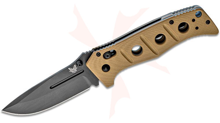 Benchmade Adamas Folding Knife 3.82 inch Black D2 Plain Blade, Desert Tan G10 Handles