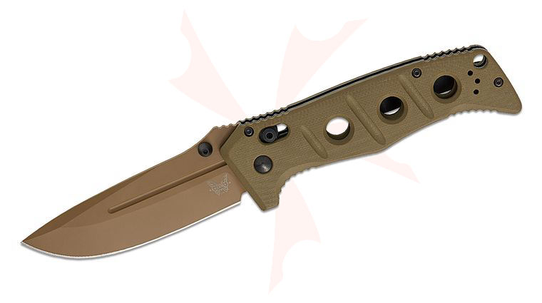 Benchmade 275FE-04 Shane Sibert Adamas Folding Knife 3.78 inch MagnaCut Flat Dark Earth Plain Drop Point Blade, OD Green G10 Handles, Ballistic Nylon Sheath