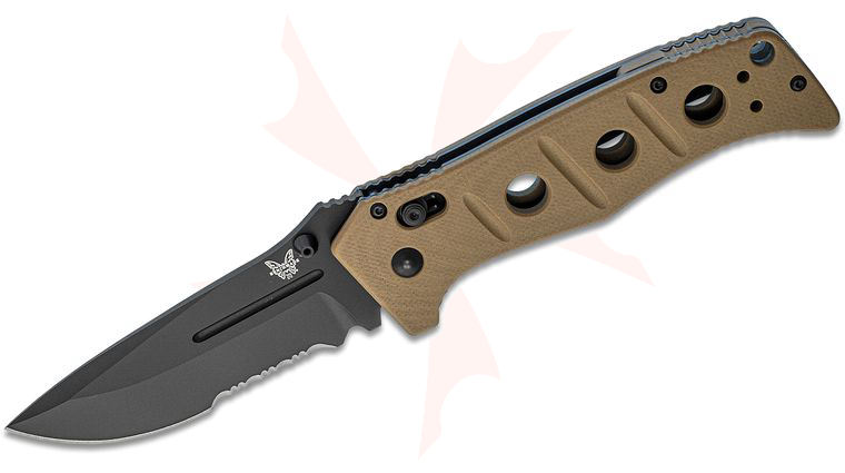 Benchmade Adamas Folding Knife 3.82 inch Black D2 Combo Blade, Desert Tan G10 Handles