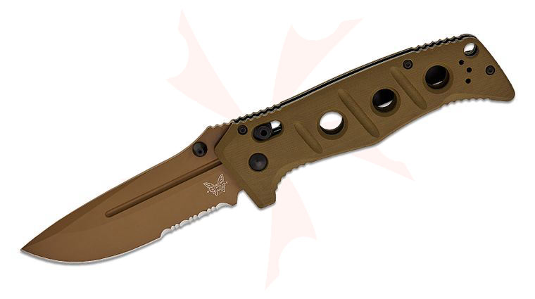 Benchmade 275SFE-04 Shane Sibert Adamas Folding Knife 3.78 inch MagnaCut Flat Dark Earth Combo Blade, OD Green G10 Handles, Ballistic Nylon Sheath