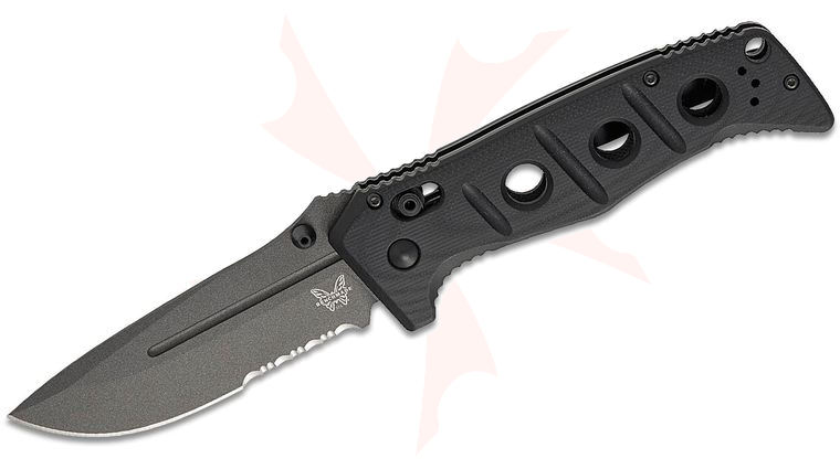 Benchmade 275SGY-03 Shane Sibert Adamas Folding Knife 3.78 inch MagnaCut Tungsten Gray Combo Drop Point Blade, Black G10 Handles, Ballistic Nylon Sheath