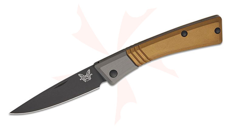 Benchmade 315 Successor Slipjoint Folding Knife 2.56 inch M390 Black Cerakote Drop Point Blade, Burnt Brass Aluminum Handles with Ash Gray Bolsters, Leather Pocket Sheath