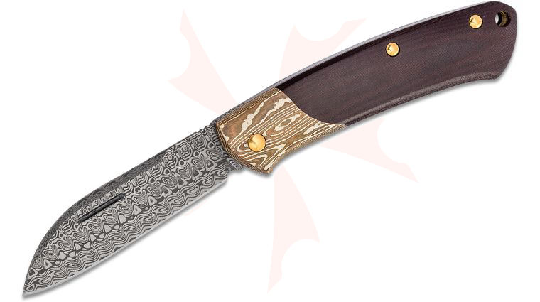 Benchmade Gold Class Proper Slipjoint Limited Edition Folding Knife 2.82 inch Munin Damasteel Sheepsfoot Blade, Burgundy/Black Linen Micarta Handles with Mokume Bolsters