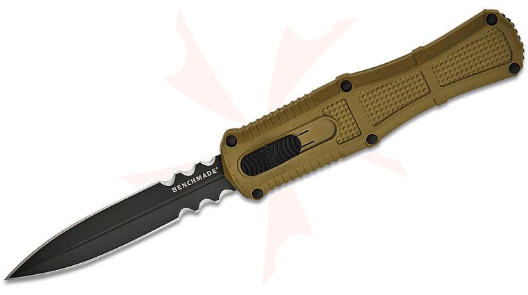 Benchmade 3370SGY-1 Claymore OTF AUTO Knife 3.89 inch CPM-D2 Smoke Gray PVD Double Combo Edge Dagger Blade, Ranger Green Grivory Handles