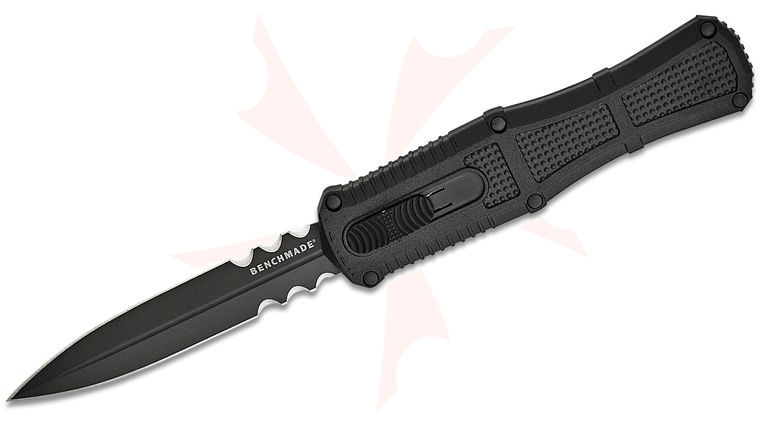 Benchmade 3370SGY Claymore OTF AUTO Knife 3.89 inch CPM-D2 Smoke Gray PVD Double Combo Edge Dagger Blade, Black Grivory Handles