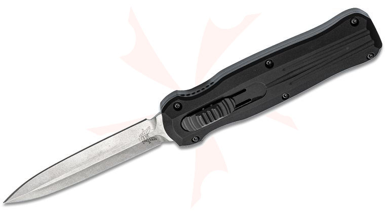 Benchmade 3320 Pagan AUTO OTF 3.96 inch Stonewash Double Edge Blade, Aluminum Handles