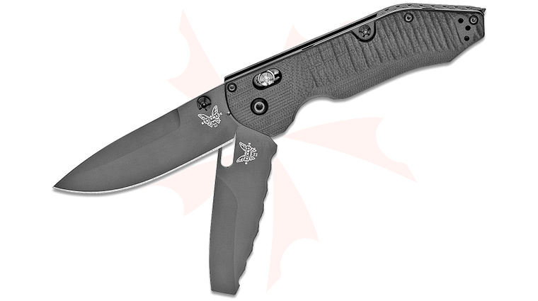 Benchmade Outlast Two-Blade Rescue Folding Knife 3.59 inch Black Cerakoted Plain and Serrated Blade, Black G10 Handles, Integrated Rescue Hook