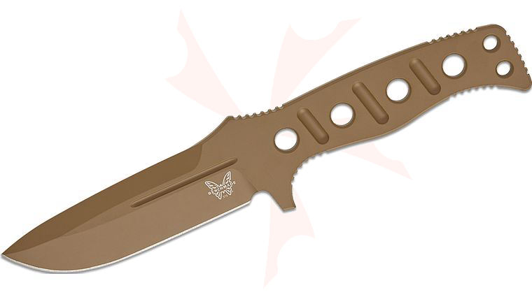 Benchmade 375FE-02 Shane Sibert Adamas Fixed Blade Knife 4.2 inch MagnaCut Flat Dark Earth Plain Blade and Skeletonized Handle, Desert Tan Injection Molded Sheath