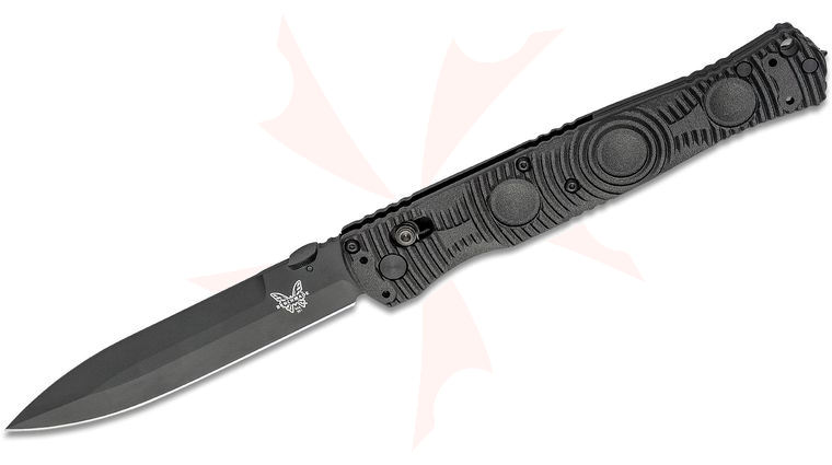 Benchmade Greg Thompson SOCP Folding Knife 4.47 inch D2 Black Cerakote Spear Point Plain Blade, Black CF-Elite Handles, Carbide Glass Breaker