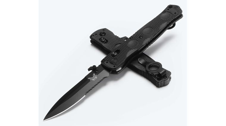 Benchmade Greg Thompson Mini SOCP AXIS/Crossbar Folding Knife 3.76 inch S30V Black Cerakote Spear Point Combo Blade, Black G10 Handles