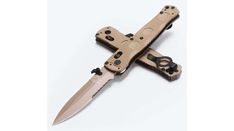 Benchmade Greg Thompson Mini SOCP AXIS/Crossbar Folding Knife 3.76 inch S30V Flat Dark Earth Cerakote Spear Point Combo Blade, Desert Tan G10 Handles