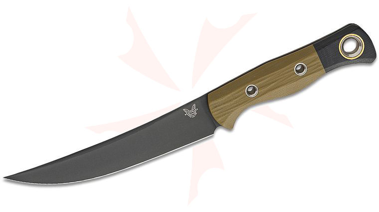 Benchmade Hunt Meatcrafter Fixed Blade Knife 6.08 inch CPM-154 Black DLC Trailing Point Blade, Bolstered OD Green and Black G10 Handles