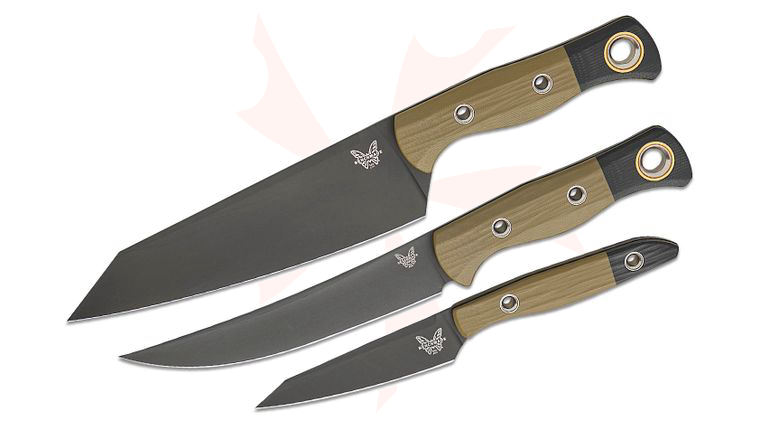 Benchmade 3 Piece Kitchen Knife Set, CPM-154 Black DLC Blades, OD Green and Black G10 Handles