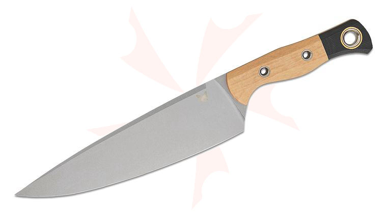Benchmade Chef's Knife Fixed Blade 8.17 inch CPM-154 Stonewashed Drop Point Blade, Tan Richlite Handles with Black G10 Bolsters, Plastic Sheath