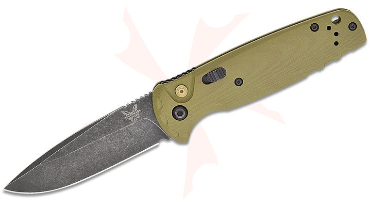 Benchmade 4300BK-02 CLA AUTO Folding Knife 3.4 inch CPM-MagnaCut Black DLC Battlewash Plain Blade, OD Green G10 Handles
