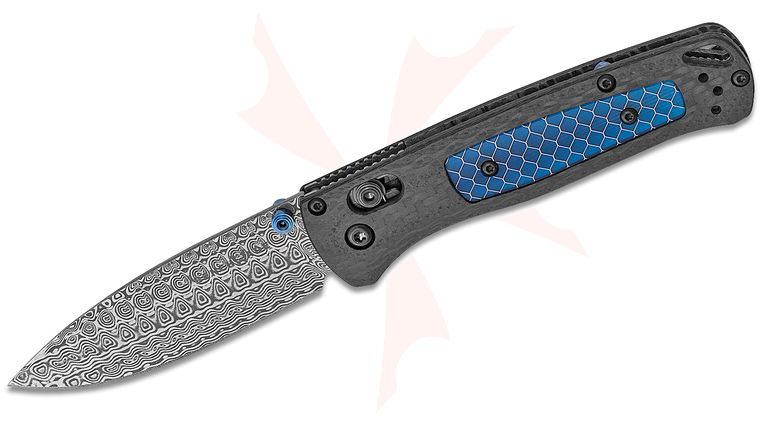 Benchmade Gold Class Bugout AXIS Folding Knife 3.24 inch Munin Damasteel Blade, Ghost Carbon Fiber Handles with Blue C-Tek Inalys