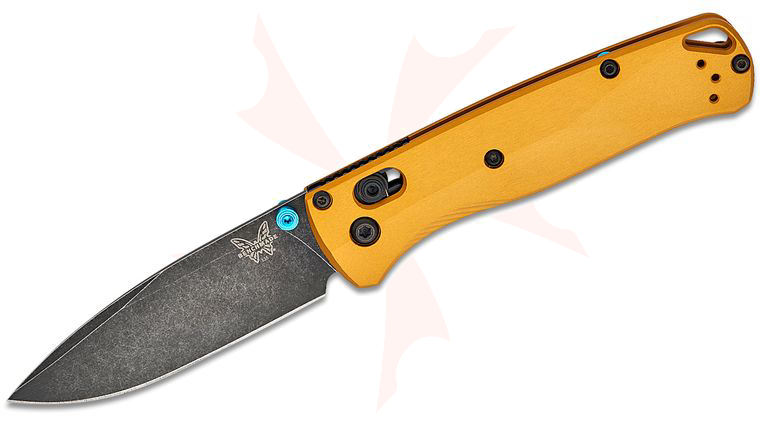 Benchmade 535BK-07 Bugout AXIS Folding Knife 3.24 inch M390 Black DLC Battlewashed Plain Blade, Burnt Brass Aluminum Handles