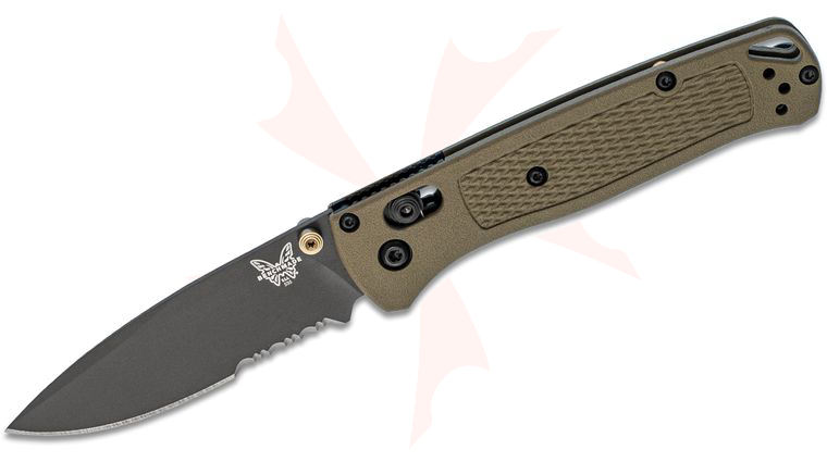 Benchmade Bugout AXIS Folding Knife 3.24 inch S30V Smoked Gray Combo Blade, Ranger Green Grivory Handles