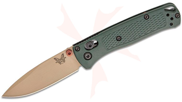 Benchmade Seasonal Mini Bugout AXIS Folding Knife 2.82 inch Elmax Tan Cerakote Drop Point Blade, Taiga Green Grivory Handles