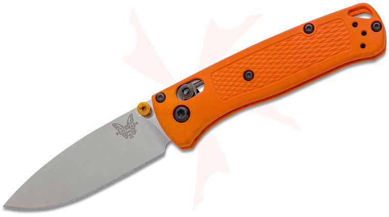 Benchmade Mini Bugout AXIS Folding Knife 2.82 inch S30V Satin Plain Blade, Orange Grivory Handles