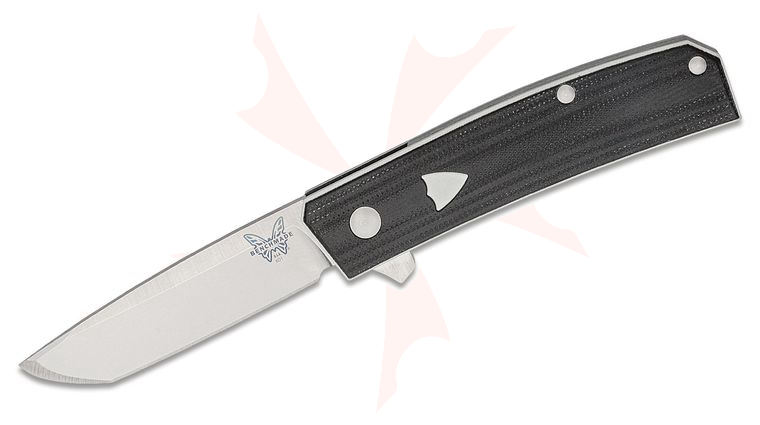 Benchmade Jared Oeser Tengu Flipper Knife 2.77 inch CPM-20CV Satin Tanto Blade, Contoured Black G10 Handles with White G10 Accents, Leather Pouch
