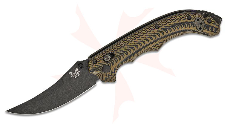 Benchmade 865BK-01 Mini Bedlam AXIS Folding Knife 3.45 inch S90V Graphite Black Cerakote Scimitar Blade, Layered Coyote/Black/OD Green G10 Handles