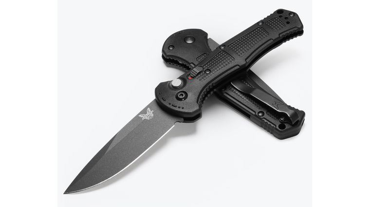 Benchmade 9070BK-02 Claymore AUTO Folding Knife 3.6 inch 154CM Cobalt Black Drop Point Plain Blade, Black Grivory Handles