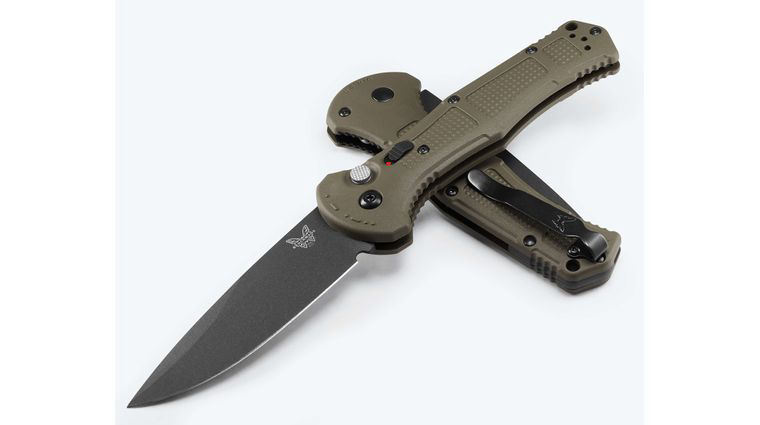 Benchmade 9070BK-03 Claymore AUTO Folding Knife 3.6 inch 154CM Cobalt Black Drop Point Blade, Ranger Green Grivory Handles