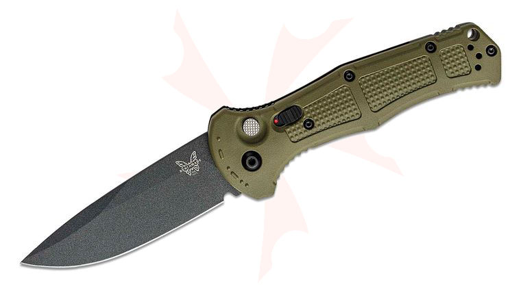 Benchmade 9070BK-1 Claymore AUTO Folding Knife 3.6 inch CPM-D2 Cobalt Black Drop Point Plain Blade, Ranger Green Grivory Handles
