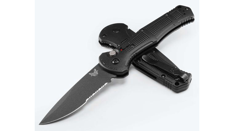 Benchmade 9070SBK-02 Claymore AUTO Folding Knife 3.6 inch 154CM Cobalt Black Drop Point Combo Blade, Black Grivory Handles