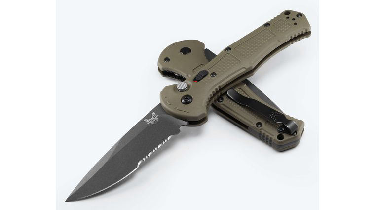 Benchmade 9070SBK-03 Claymore AUTO Folding Knife 3.6 inch 154CM Cobalt Black Drop Point Combo Blade, Ranger Green Grivory Handles