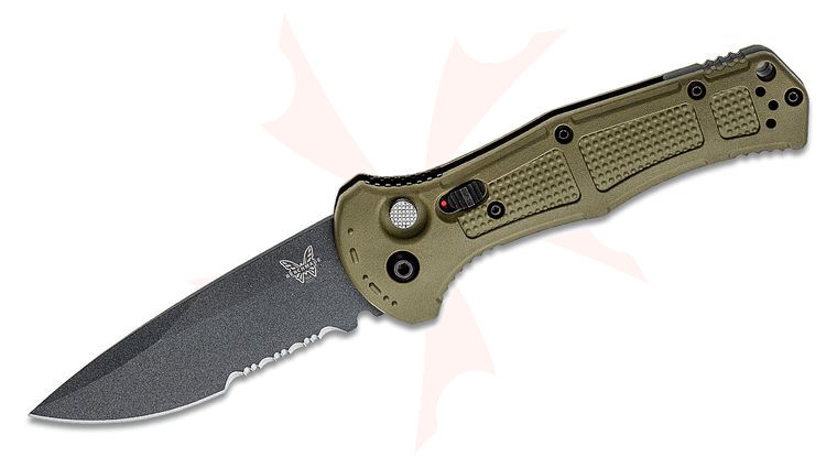 Benchmade 9070SBK-1 Claymore AUTO Folding Knife 3.6 inch CPM-D2 Cobalt Black Drop Point Combo Blade, Ranger Green Grivory Handles