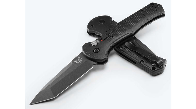 Benchmade 9071BK-02 Claymore AUTO Folding Knife 3.6 inch 154CM Cobalt Black Plain Tanto Blade, Black Grivory Handles