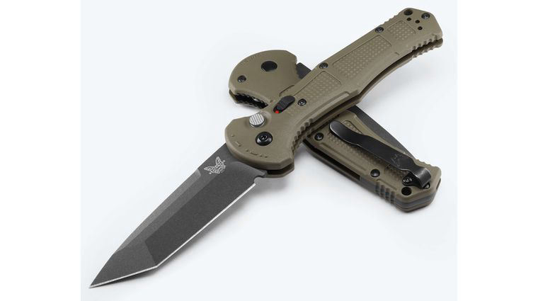 Benchmade 9071BK-03 Claymore AUTO Folding Knife 3.6 inch 154CM Cobalt Black Plain Tanto Blade, Ranger Green Grivory Handles