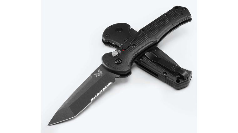 Benchmade 9071SBK-02 Claymore AUTO Folding Knife 3.6 inch 154CM Cobalt Black Combo Tanto Blade, Black Grivory Handles
