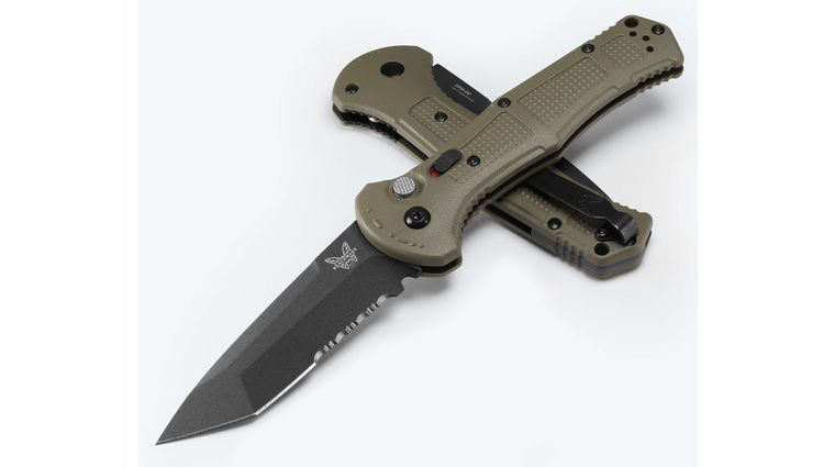 Benchmade 9071SBK-03 Claymore AUTO Folding Knife 3.6 inch 154CM Cobalt Black Plain Combo Tanto Blade, Ranger Green Grivory Handles