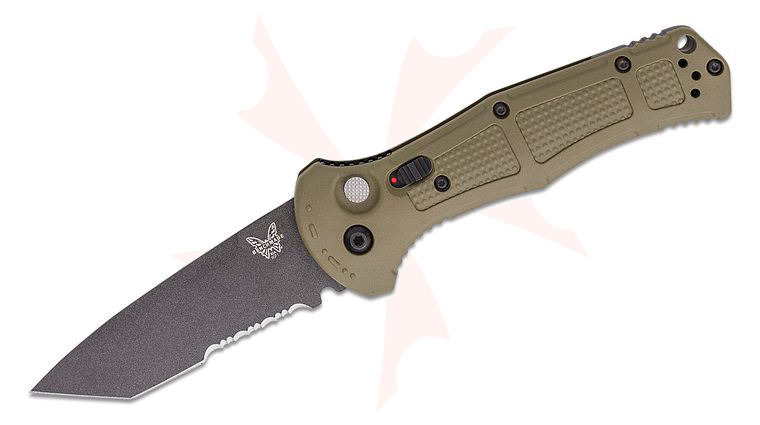 Benchmade 9071SBK-1 Claymore AUTO Folding Knife 3.6 inch CPM-D2 Cobalt Black Tanto Combo Blade, Ranger Green Grivory Handles