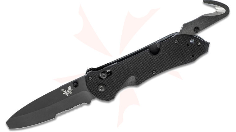 Benchmade Triage Rescue Folding Knife 3.5 inch Black Combo Blunt Tip Blade, Black G10 Handles, Safety Cutter, Glass Breaker