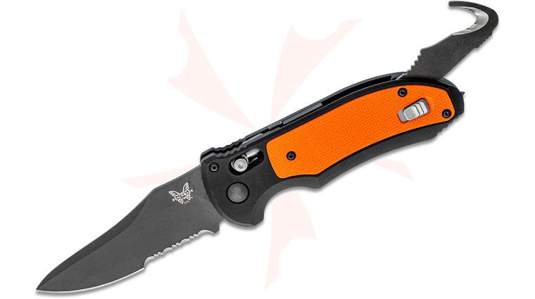 Benchmade AUTO AXIS Triage Rescue Folder 3.58 inch Black Combo Blade, Aluminum with Orange G10 Inlays