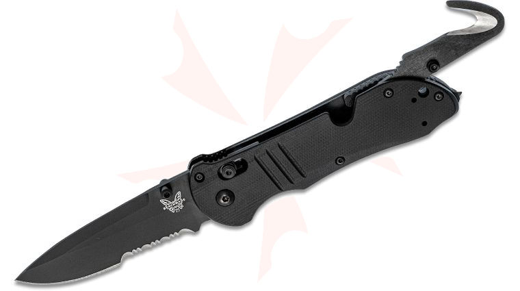 Benchmade Tactical Triage Rescue Folding Knife 3.48 inch S30V Black Combo Blade, Black G10 Handles, Safety Cutter, Glass Breaker