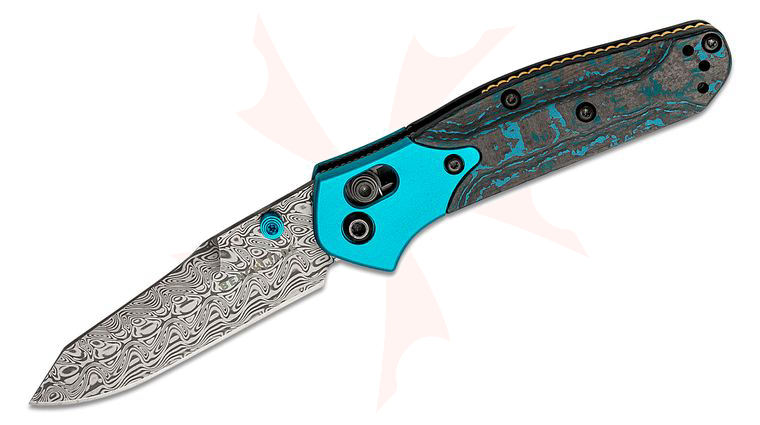 Benchmade Gold Class 945-221 Mini Osborne Folding Knife 2.92 inch Aegir Damasteel Plain Blade, Arctic Storm FatCarbon Handles with Aqua Anodized Bolsters