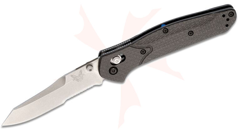 Benchmade Osborne Folding Knife 3.4 inch S90V Stonewash Combo Blade, Carbon Fiber Handles