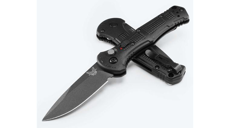 Benchmade 9570BK-02 Mini Claymore AUTO Folding Knife 3 inch 154CM Cobalt Black Drop Point Plain Blade, Black Grivory Handles