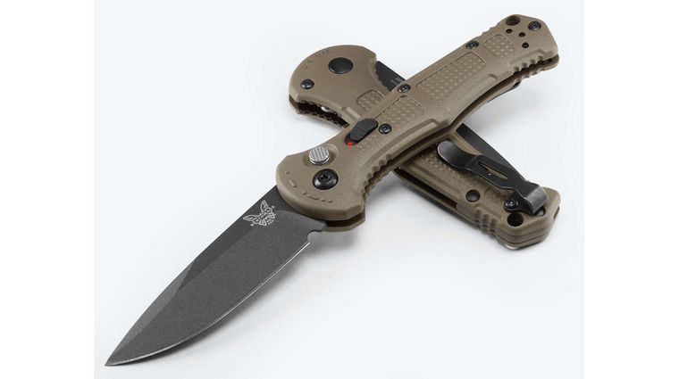 Benchmade 9570BK-03 Mini Claymore AUTO Folding Knife 3 inch 154CM Cobalt Black Drop Point Plain Blade, Ranger Green Grivory Handles