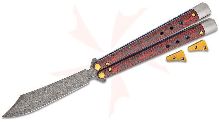 Benchmade 99-241 Gold Class Necron Latchless Balisong Butterfly Knife 4.59 inch Weehawk Damasteel Scimitar Blade, Lava Flow FatCarbon Handles, User-Adjustable, Alligator Leather Sheath