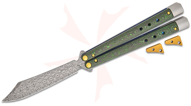 Benchmade 99-242 Gold Class Necron Latchless Balisong Butterfly Knife 4.59 inch Monarch Damasteel Scimitar Blade, Jungle Wear FatCarbon Handles, User-Adjustable, Alligator Leather Sheath