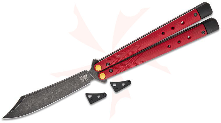 Benchmade 99BK-1 Necron Balisong Butterfly Knife 4.59 inch CPM-S30V Black Scimitar Blade, Ruby Red G10 Handles, User-Adjustable, Nylon Pouch